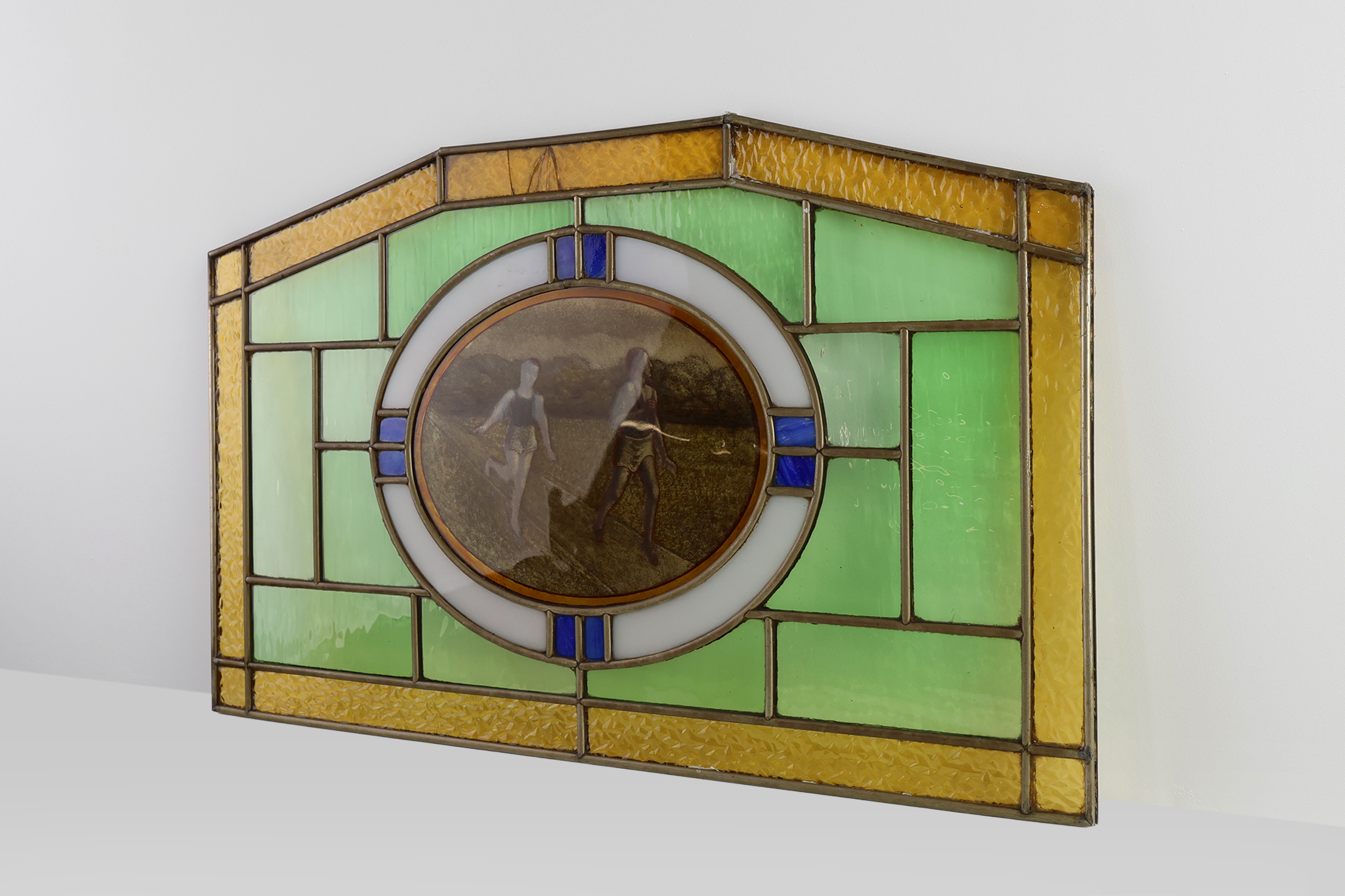 Art Deco Stained Glass Panel Depicting Runners in Motion, Belgium ca. 1910thumbnail